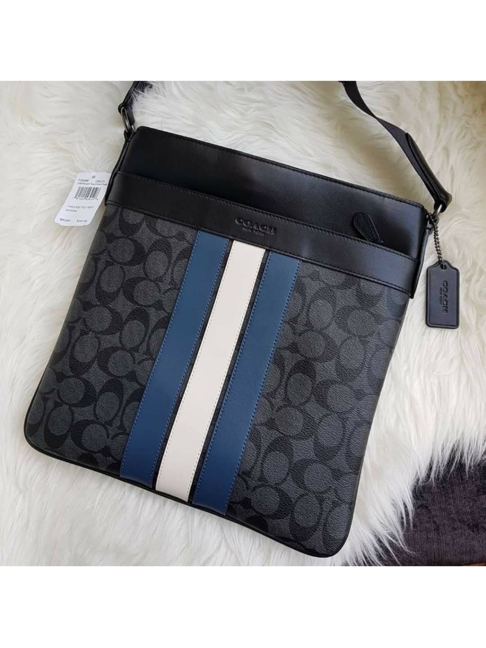 Large Coach Charlie Signature Messenger Bag with Blue and White Center Stripe - Picture 2 of 16